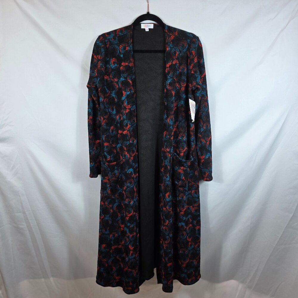 Lularoe Sarah Cardigan Women's Size Small Black, Turquoise Orange Geo Print NEW